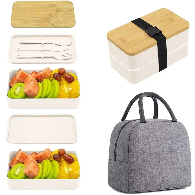 Bento 2 Étages en Bambou et Plastique | Boîte de Rangement Alimentaire Bento
