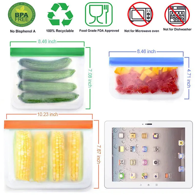Sachets Silicone Réutilisables Anti-Fuite - Lot de 7 Pièces 25x30cm