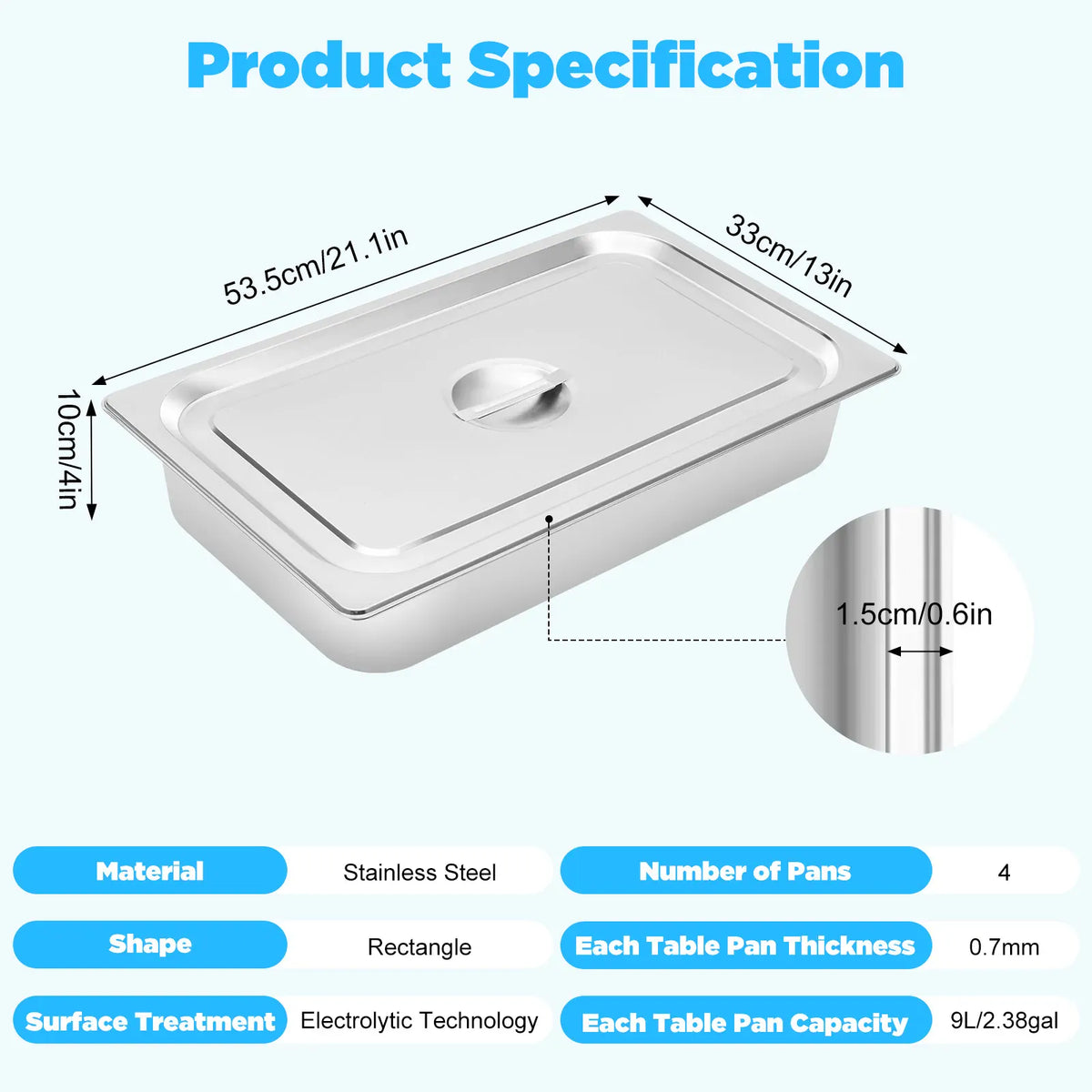 Bacs à Buffet Inox avec Couvercle - Lot de 4 Pièces 1200 ml Boîtes Hermétiques