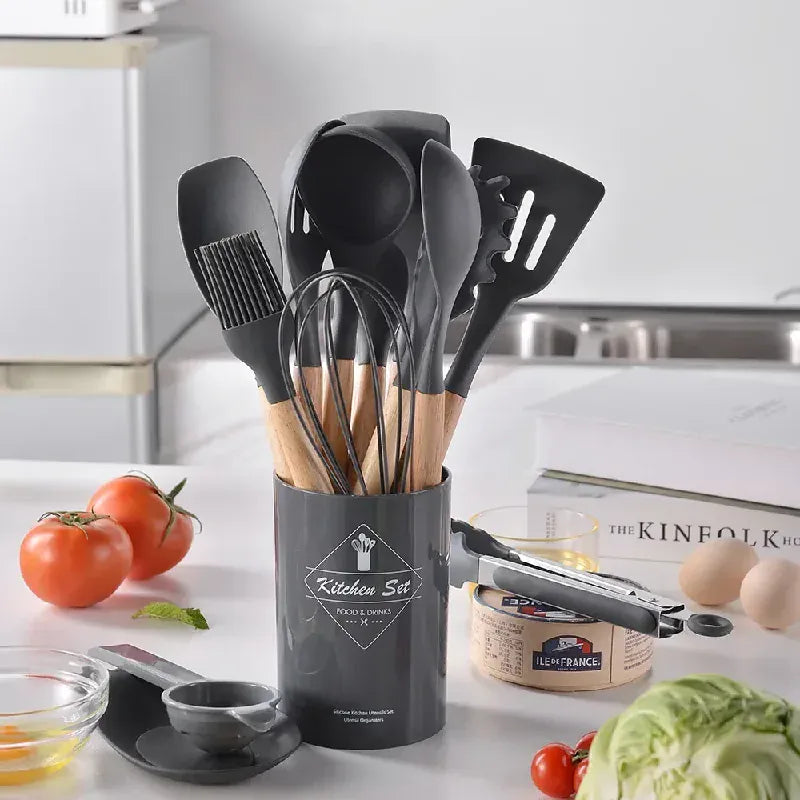 Set Ustensiles Silicone 12 Pieces avec Poignée en Bois - Cuisine spatule en silicone