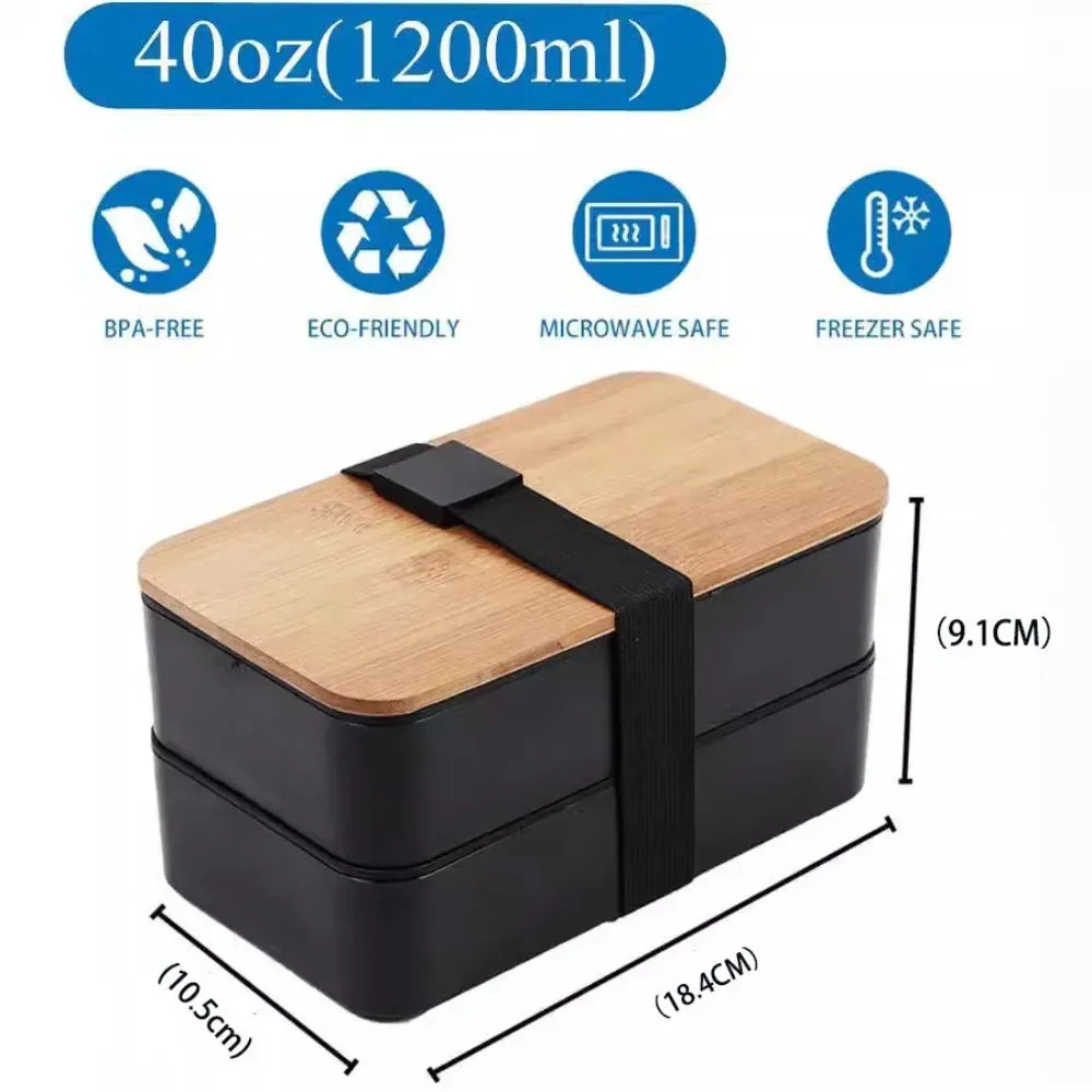 Bento 2 Étages en Bambou et Plastique | Boîte de Rangement Alimentaire Bento