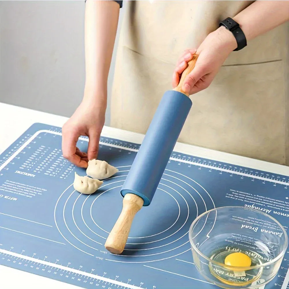 Rouleau à pâtisserie en silicone avec tapis de cuisson anti-adhésif - Idéal pour pâtes pizzas et biscuits rouleaupatisserie