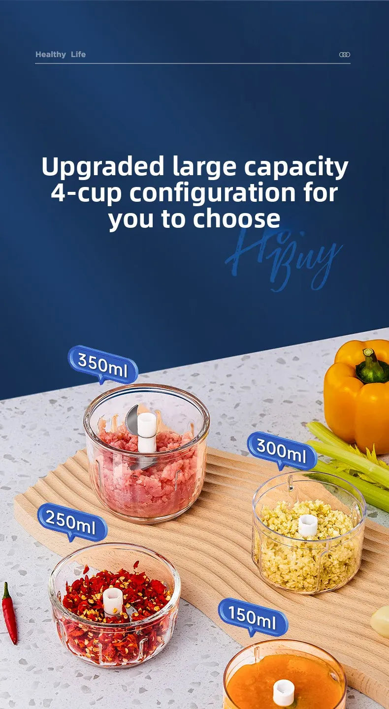 Mini Hachoir Électrique Sans Fil 350 ml — Bol en Verre, 6 Lames Inox, Batterie USB-C hachoir electrique