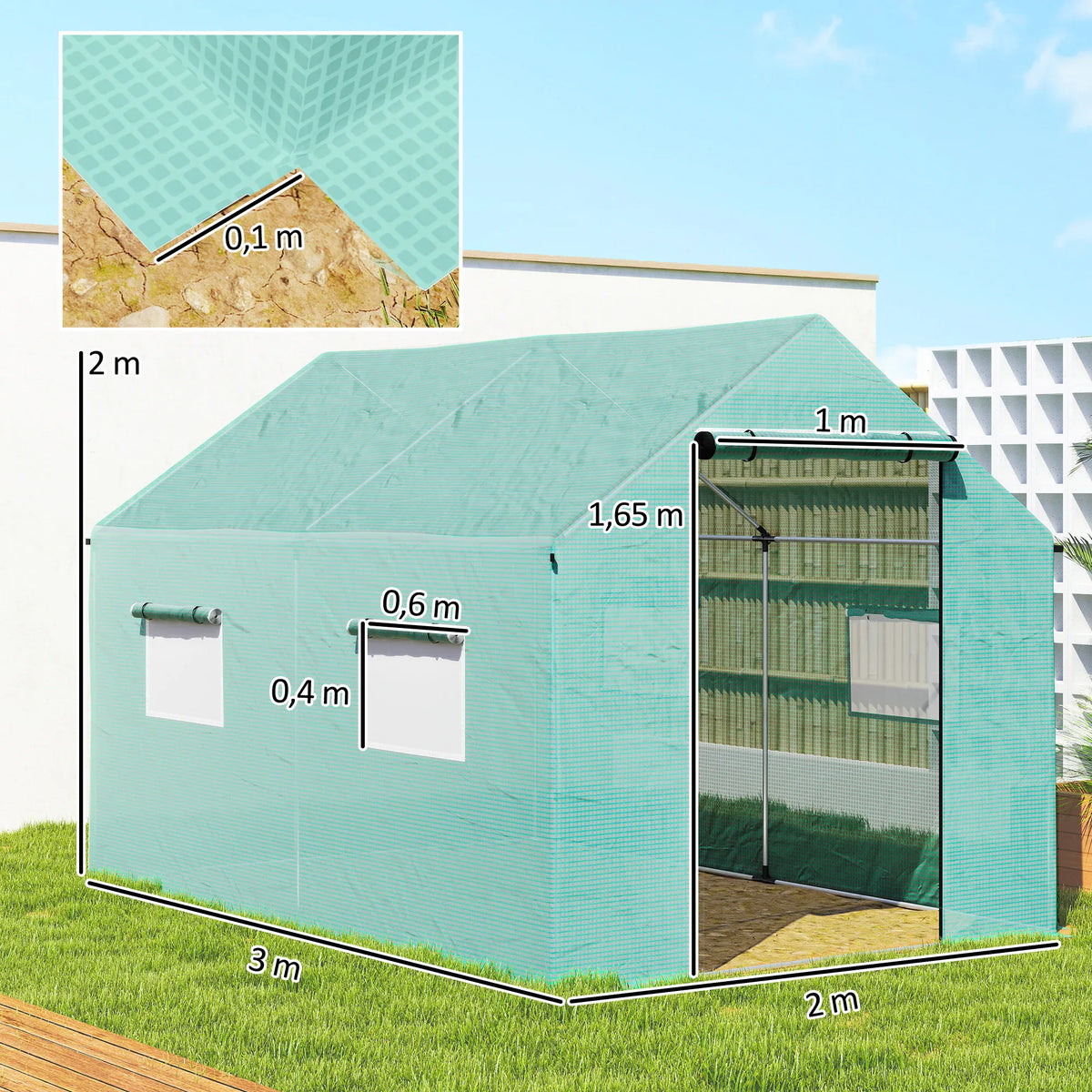 Serre de Jardin Tunnel 6 m² (2 × 3 m) — Bâche PE Anti-UV, 4 Fenêtres, Porte Enroulable, Armature Acier Galvanisé Serre de jardin