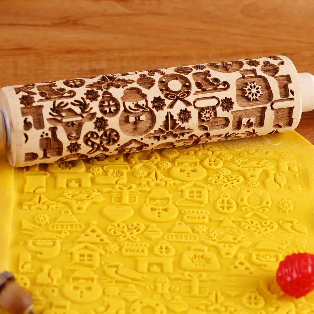 Rouleau à pâtisserie en bois avec motifs gravés de Noël - Outil de décoration pour biscuits rouleaupatisserie