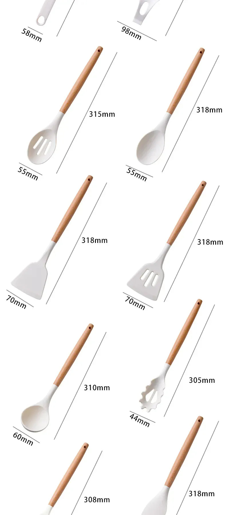 Set Ustensiles Silicone 12 Pieces avec Poignée en Bois - Cuisine spatule en silicone