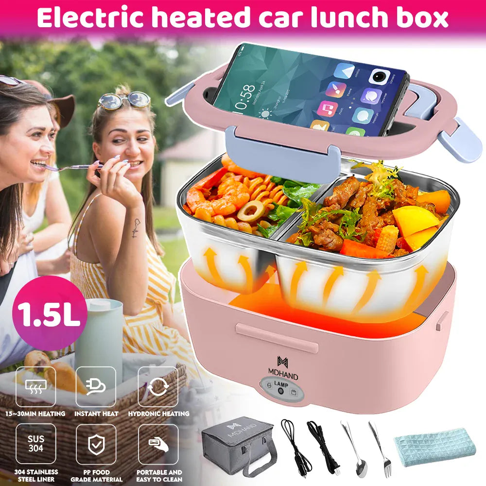 Lunch Box Chauffante Électrique 65 W — Cuve Inox 304 Amovible 1,5 L, 2 Compartiments, Voiture et Secteur lunchboxchauf