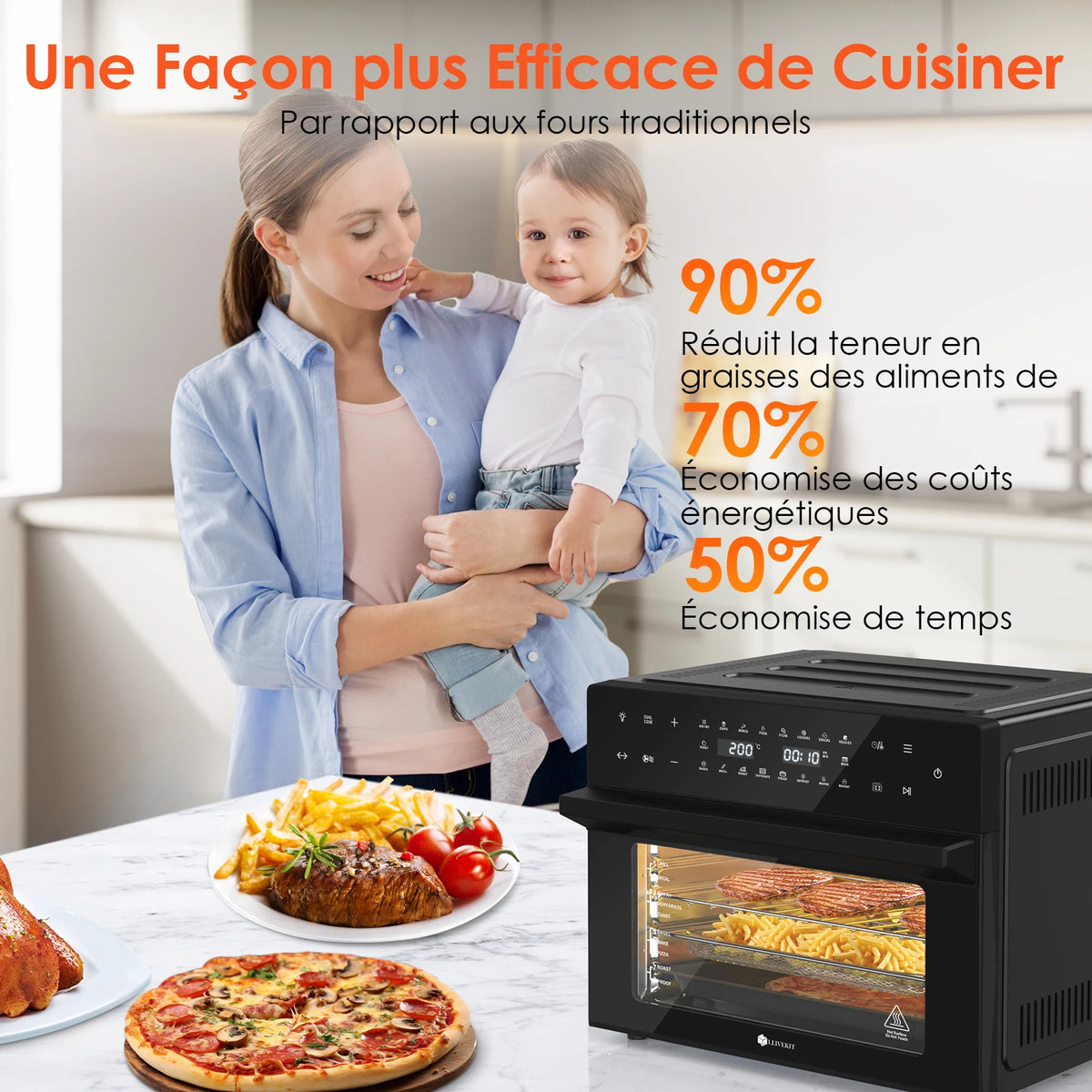 Four air fryer 30 L dans une cuisine familiale avec pizza et frites