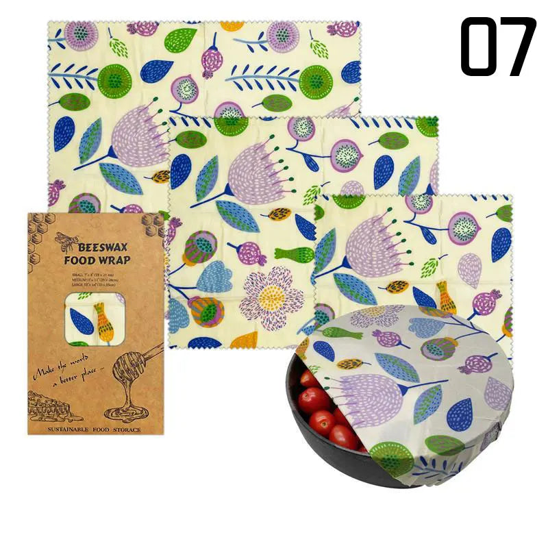 Film Alimentaire Réutilisable Cire d'Abeille Lot de 3 motifs fruités far