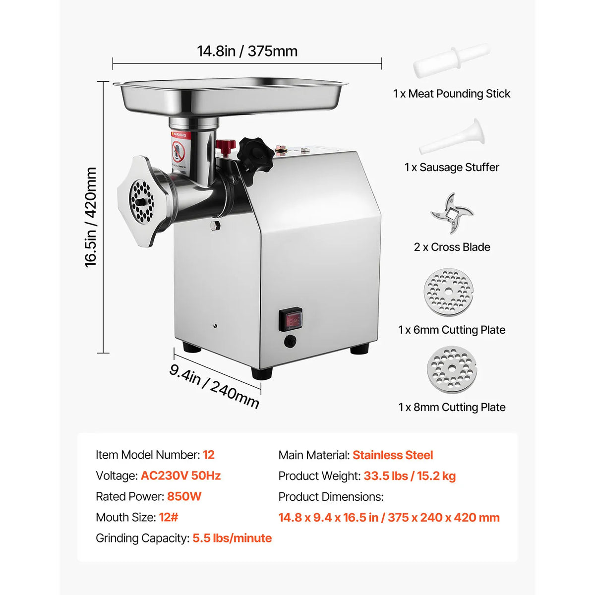 Hachoir à Viande Électrique Inox — 600W / 850W / 1100W avec Embout à Saucisses Hachoirs à Viande