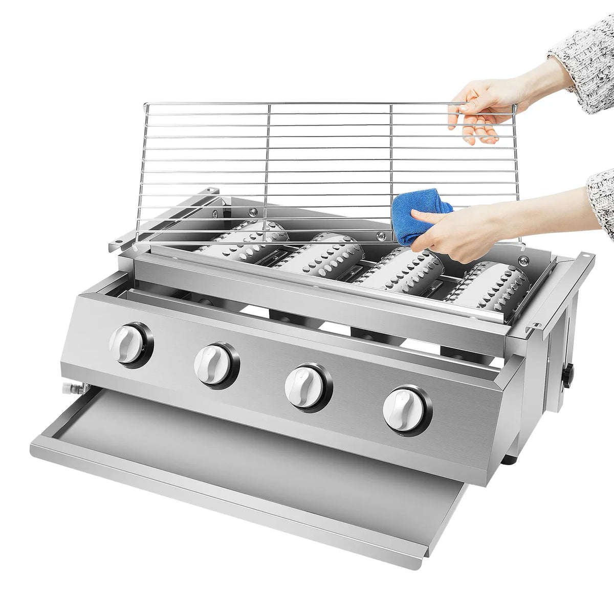 Plancha Gaz 4 Brûleurs Inox – Barbecue de Table Sans Fumée, Grille Amovible (GPL)