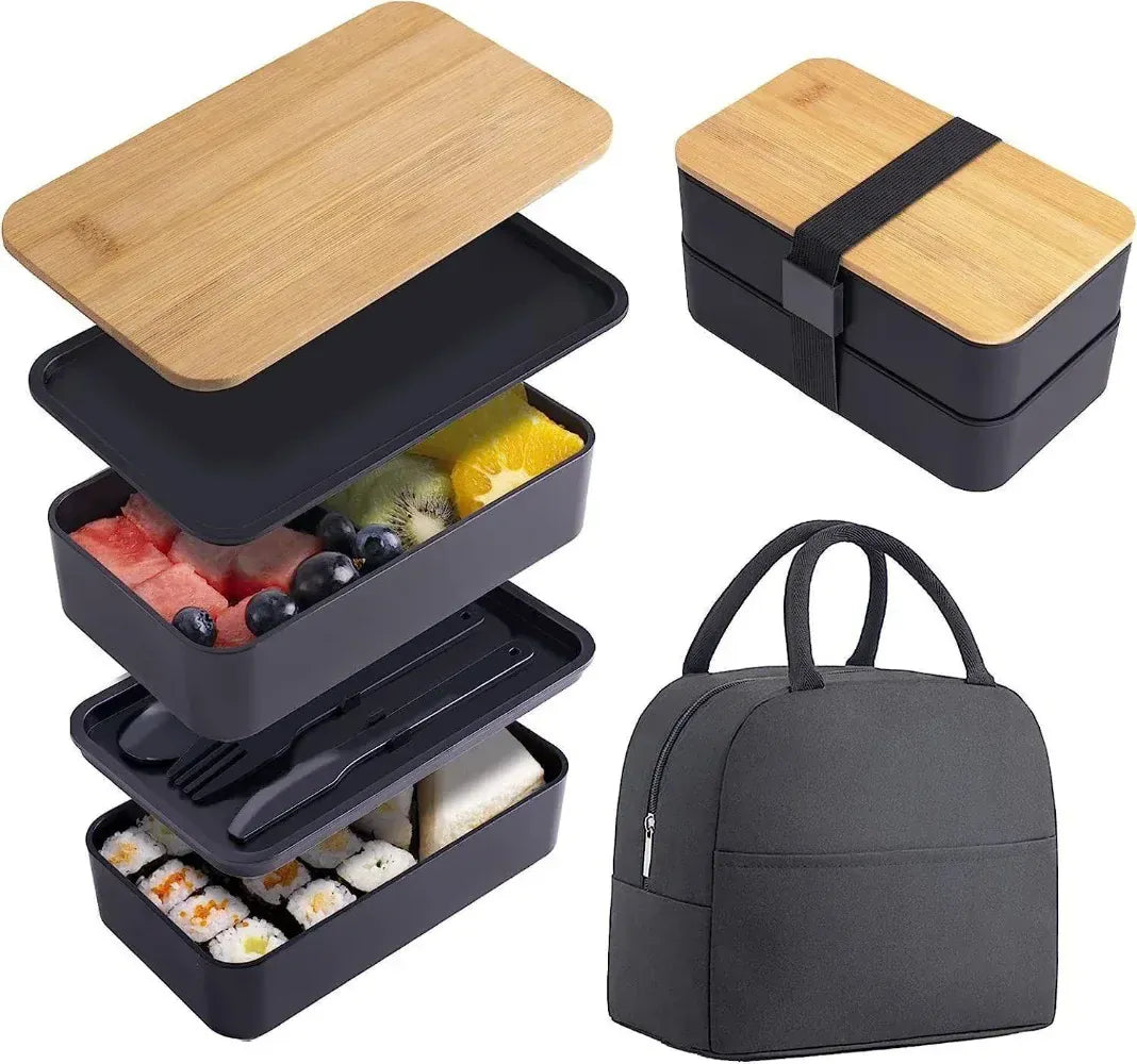Bento 2 Étages en Bambou et Plastique | Boîte de Rangement Alimentaire Bento