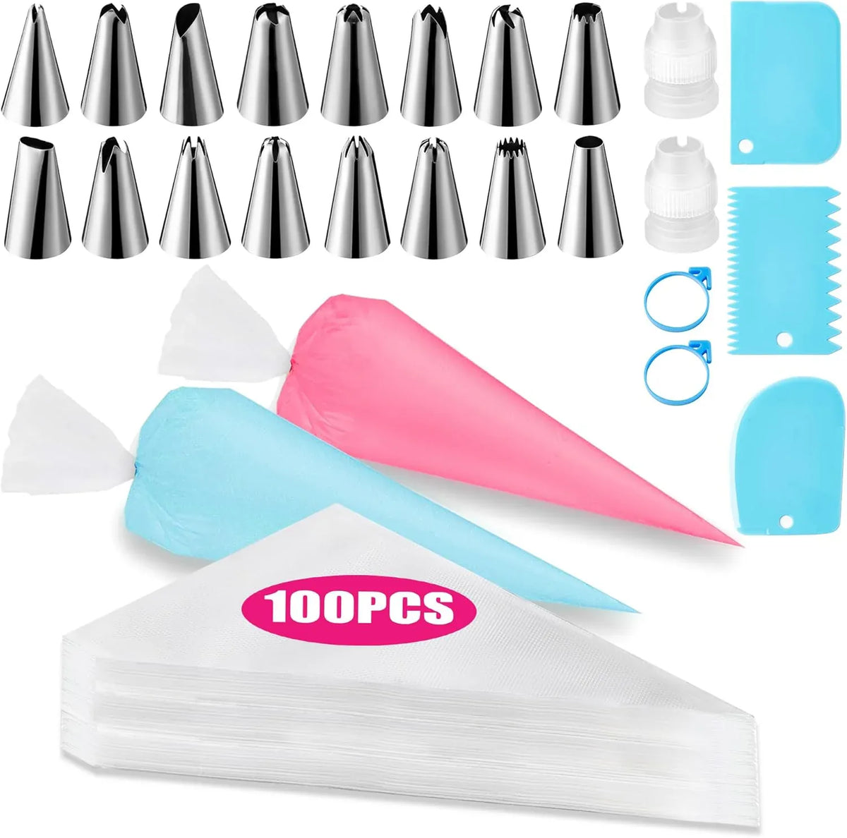 Poches à douille en acier inoxydable avec 100 sacs jetables pour pâtisserie douillepoche