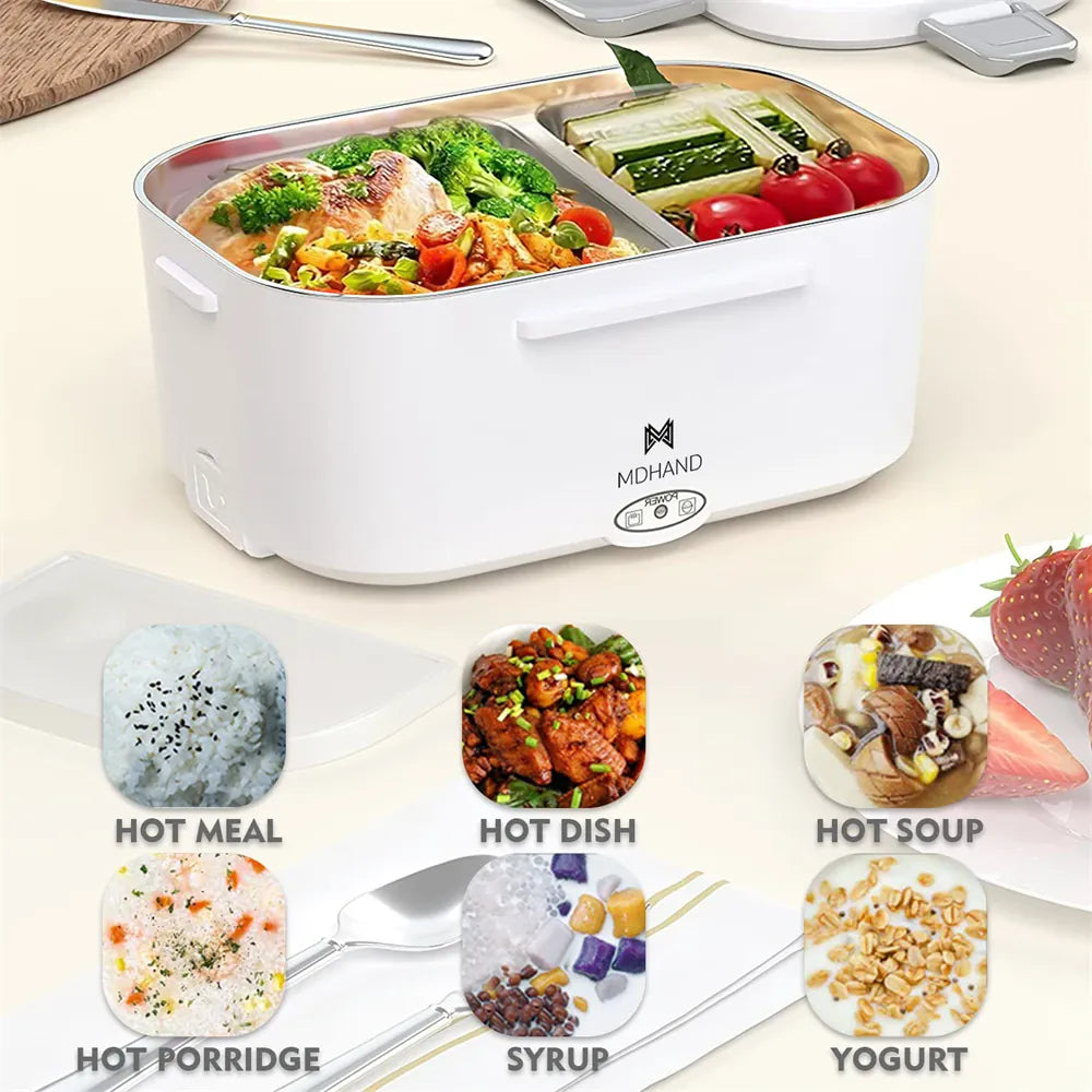 Lunch Box Chauffante Électrique 65 W — Cuve Inox 304 Amovible 1,5 L, 2 Compartiments, Voiture et Secteur lunchboxchauf