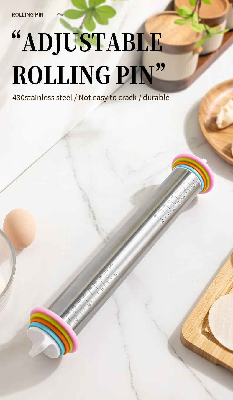 Rouleau à pâtisserie en acier inoxydable ajustable avec anneaux d'épaisseur amovibles rouleaupatisserie