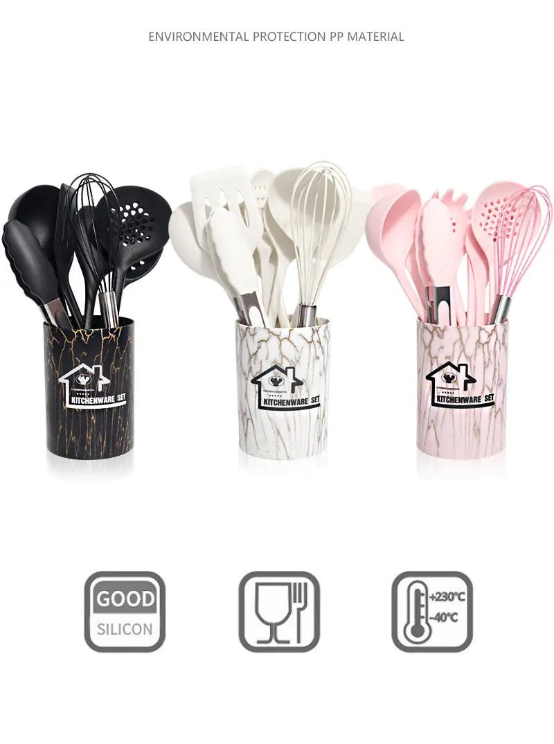 Set de 18 Ustensiles Pratiques en silicone (Rose/Blanc/Noir) spatule en silicone