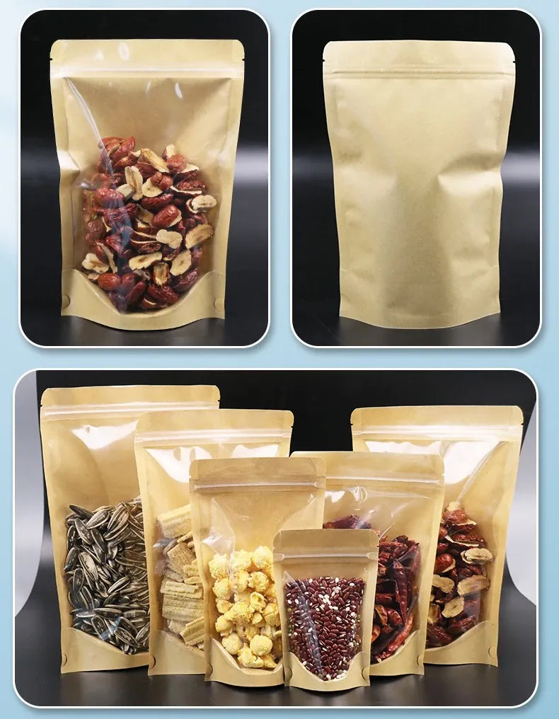 Sachets Kraft Ziplock Transparent - Lot de 100 Pièces Resealable