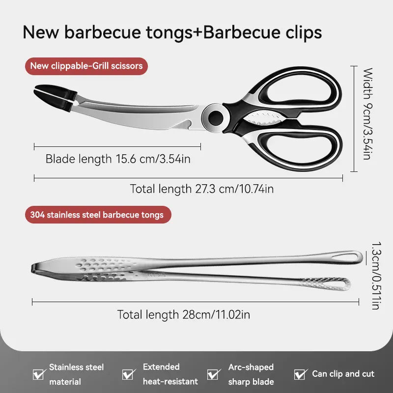 Ciseaux BBQ Multi-Fonctions Inox 304 avec Pince et Brosse Accessoire ciseaux