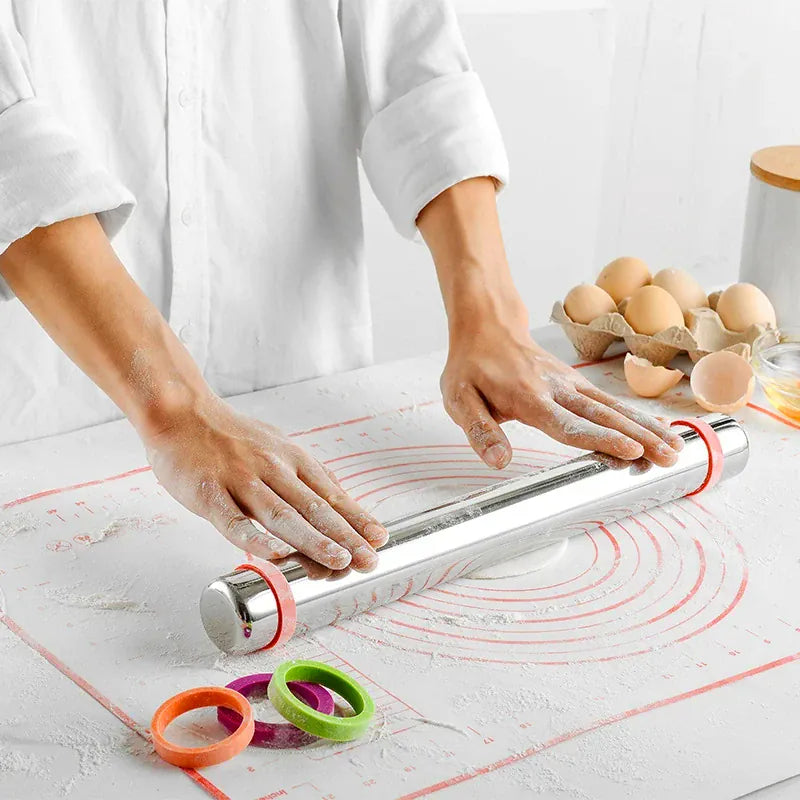 Rouleau à pâtisserie en acier inoxydable avec épaisseurs réglables et tapis en silicone rouleaupatisserie