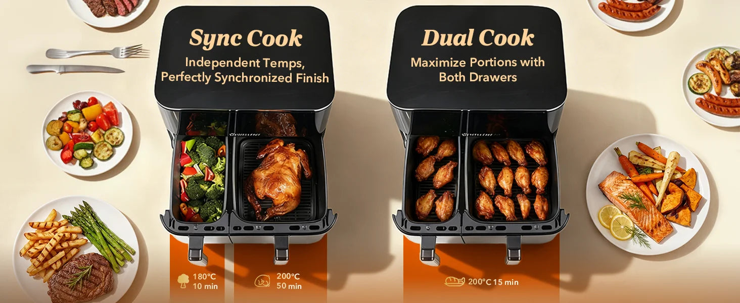 Cuisson synchronisée et cuisson double dans les deux paniers