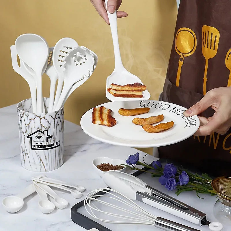 Set de 18 Ustensiles Pratiques en silicone (Rose/Blanc/Noir) spatule en silicone