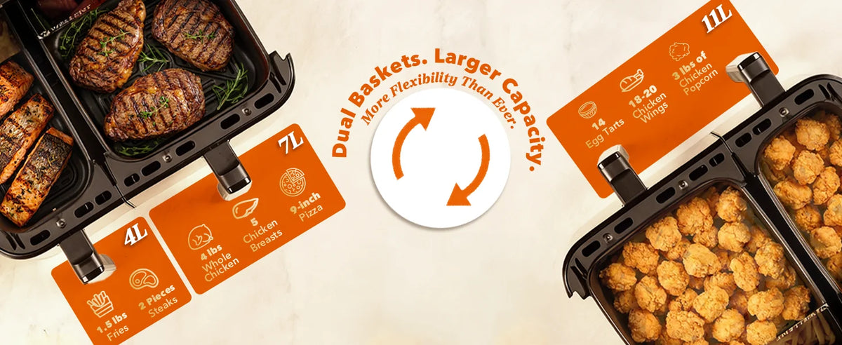 Paniers de 4 L et 7 L de l'air fryer double panier remplis