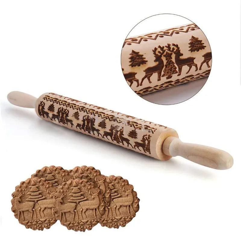 Rouleau à pâtisserie en bois rétro avec motifs gravés - Style européen rouleaupatisserie