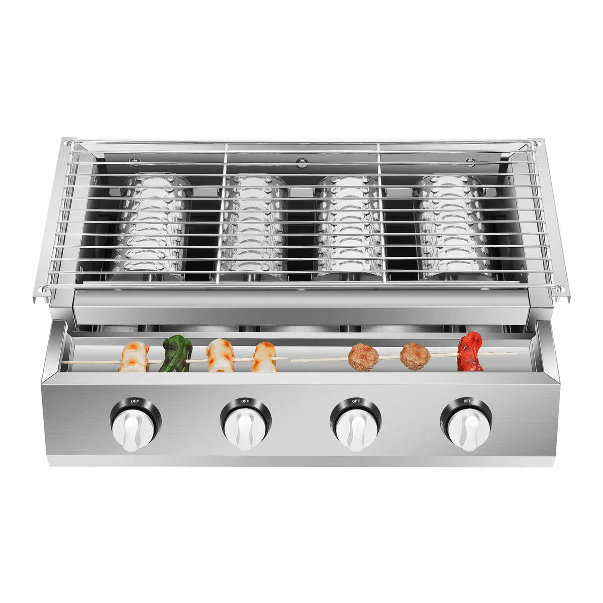 Plancha Gaz 4 Brûleurs Inox – Barbecue de Table Sans Fumée, Grille Amovible (GPL)