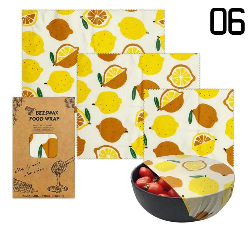Film Alimentaire Réutilisable Cire d'Abeille Lot de 3 motifs fruités far