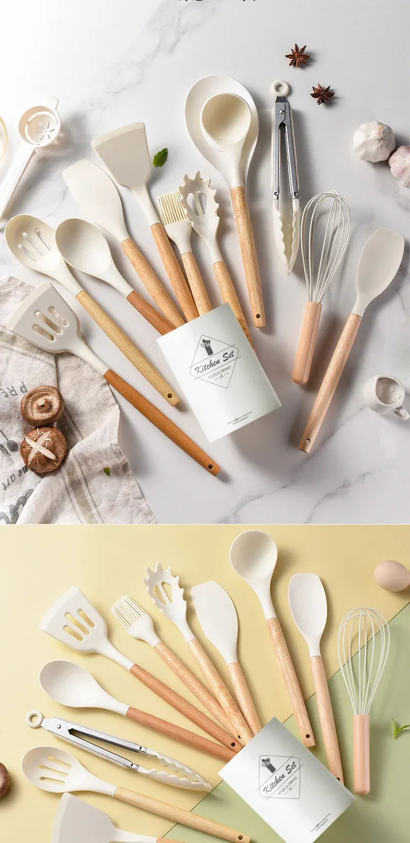 Set Ustensiles Silicone 12 Pieces avec Poignée en Bois - Cuisine spatule en silicone