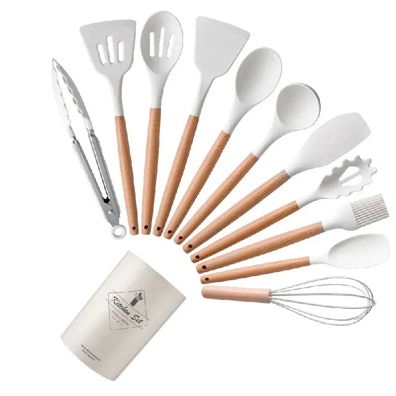 Set Ustensiles Silicone 12 Pieces avec Poignée en Bois - Cuisine spatule en silicone