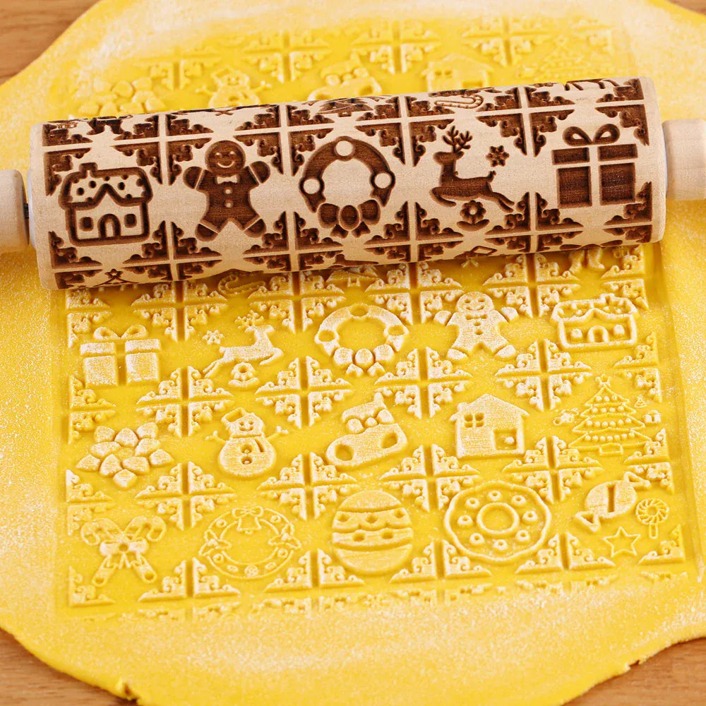Rouleau à pâtisserie en bois avec motifs gravés de Noël - Outil de décoration pour biscuits rouleaupatisserie