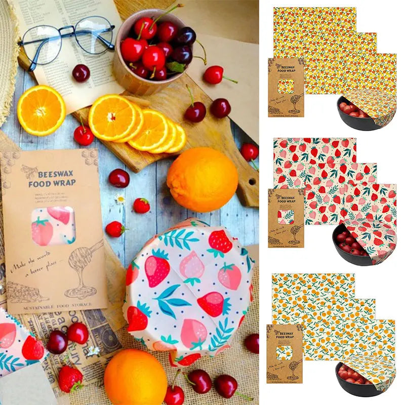 Lot de 3 Films Alimentaires Réutilisables en Coton Bio - Motifs Colorés far