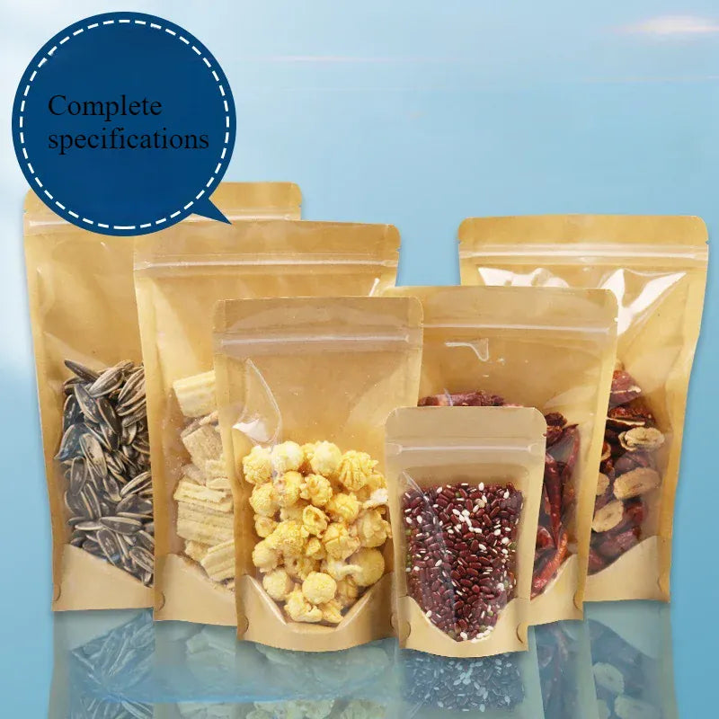 Sachets Kraft Ziplock Transparent - Lot de 100 Pièces Resealable