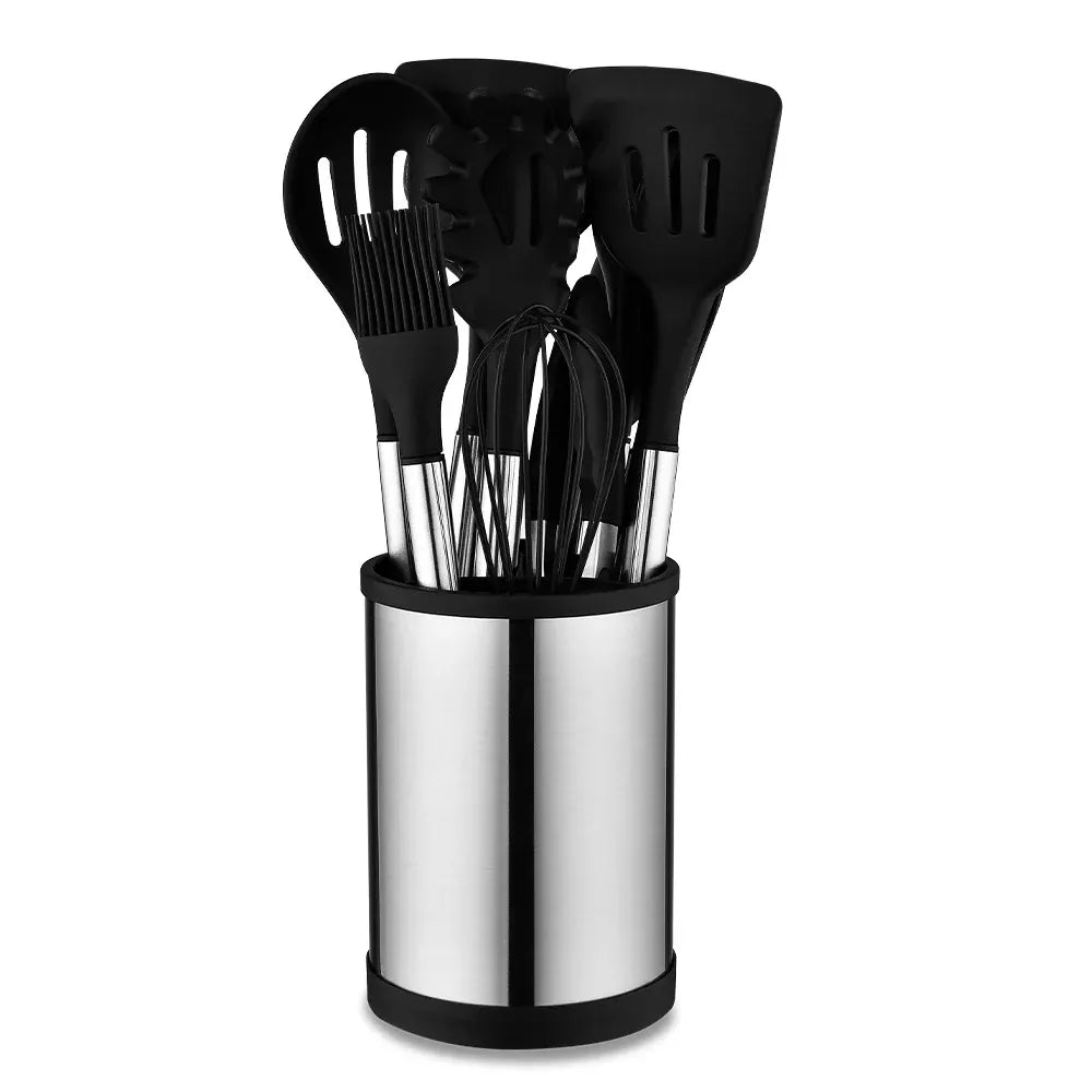 Set d'ustensiles de cuisine en silicone avec poignées en acier inoxydable