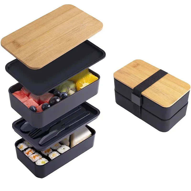 Bento 2 Étages en Bambou et Plastique | Boîte de Rangement Alimentaire Bento