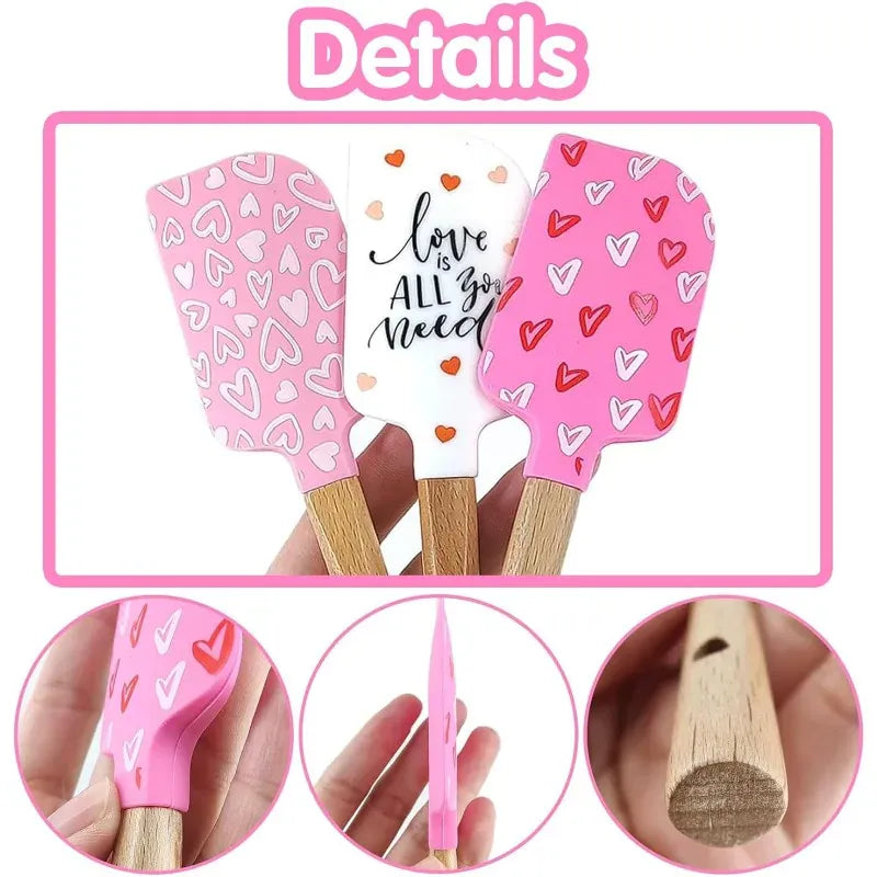 Spatule en Silicone Motifs Cœurs avec Manche en Bois spatule en silicone