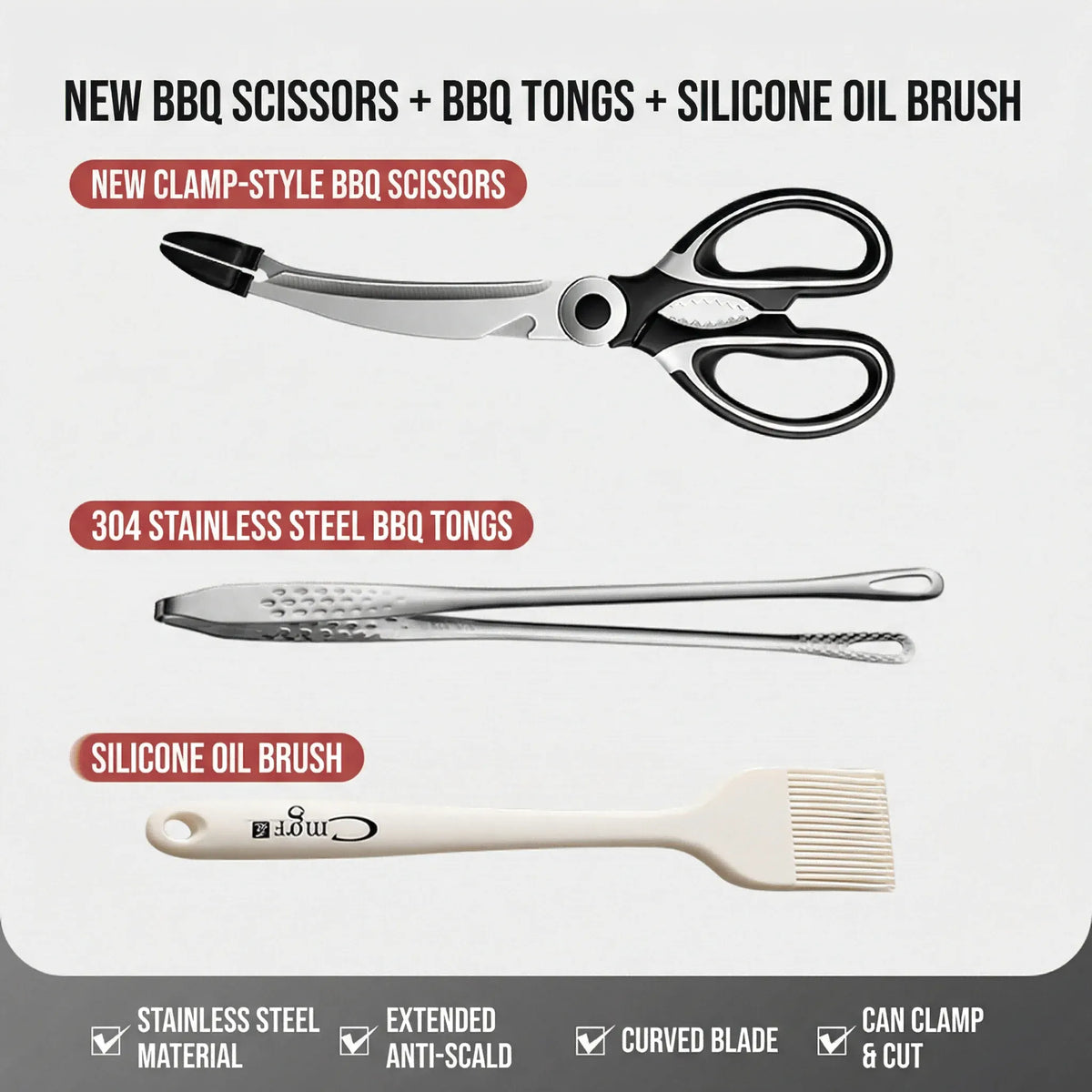 Ciseaux BBQ Multi-Fonctions Inox 304 avec Pince et Brosse Accessoire ciseaux