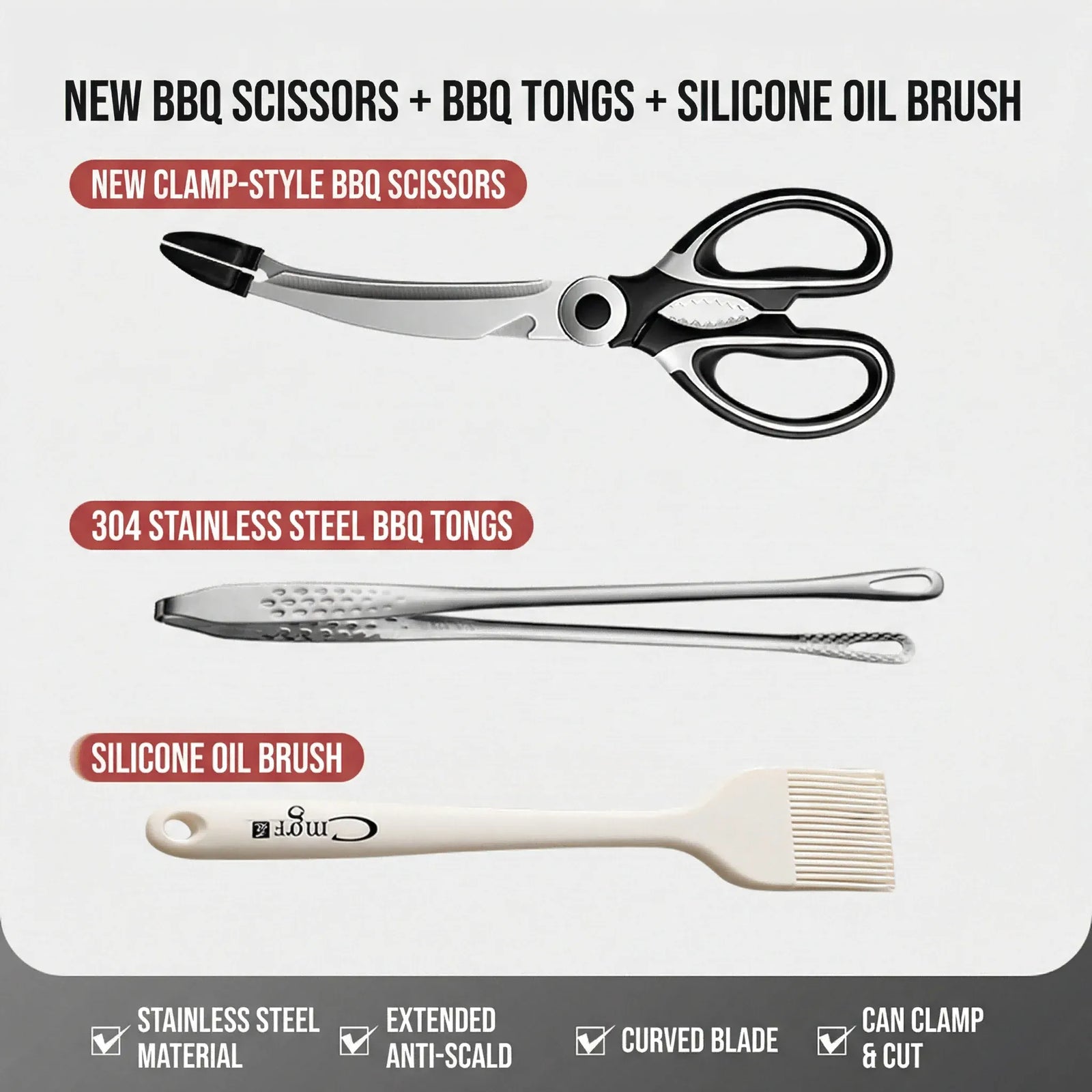 Ciseaux BBQ Multi-Fonctions Inox 304 avec Pince et Brosse Accessoire ciseaux