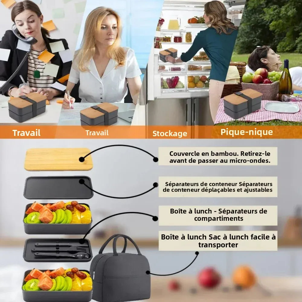 Bento 2 Étages en Bambou et Plastique | Boîte de Rangement Alimentaire Bento