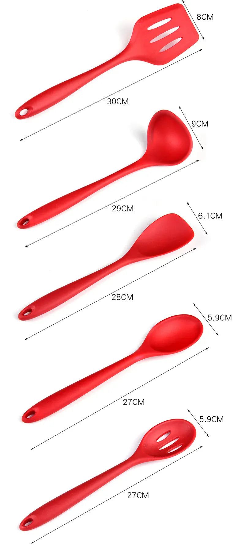 Set Ustensiles Silicone 5 pièces Résistants à la Chaleur Rouge spatule en silicone