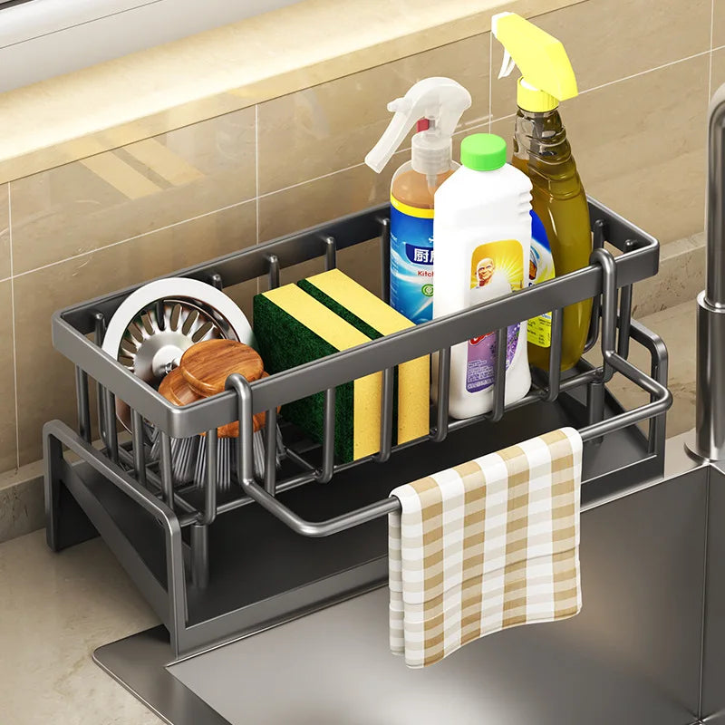 Organiseur d'Évier en Inox Auto-Drainant 23 cm — Porte-Éponge et Porte-Torchon