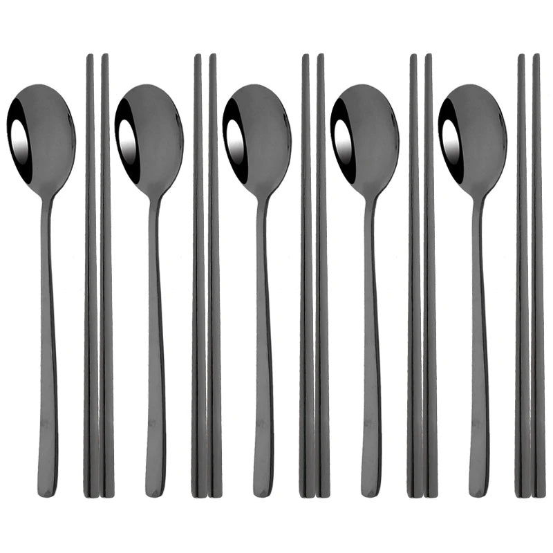 Set couverts coréens inox 304 noir – 5 cuillères et 5 paires de baguettes