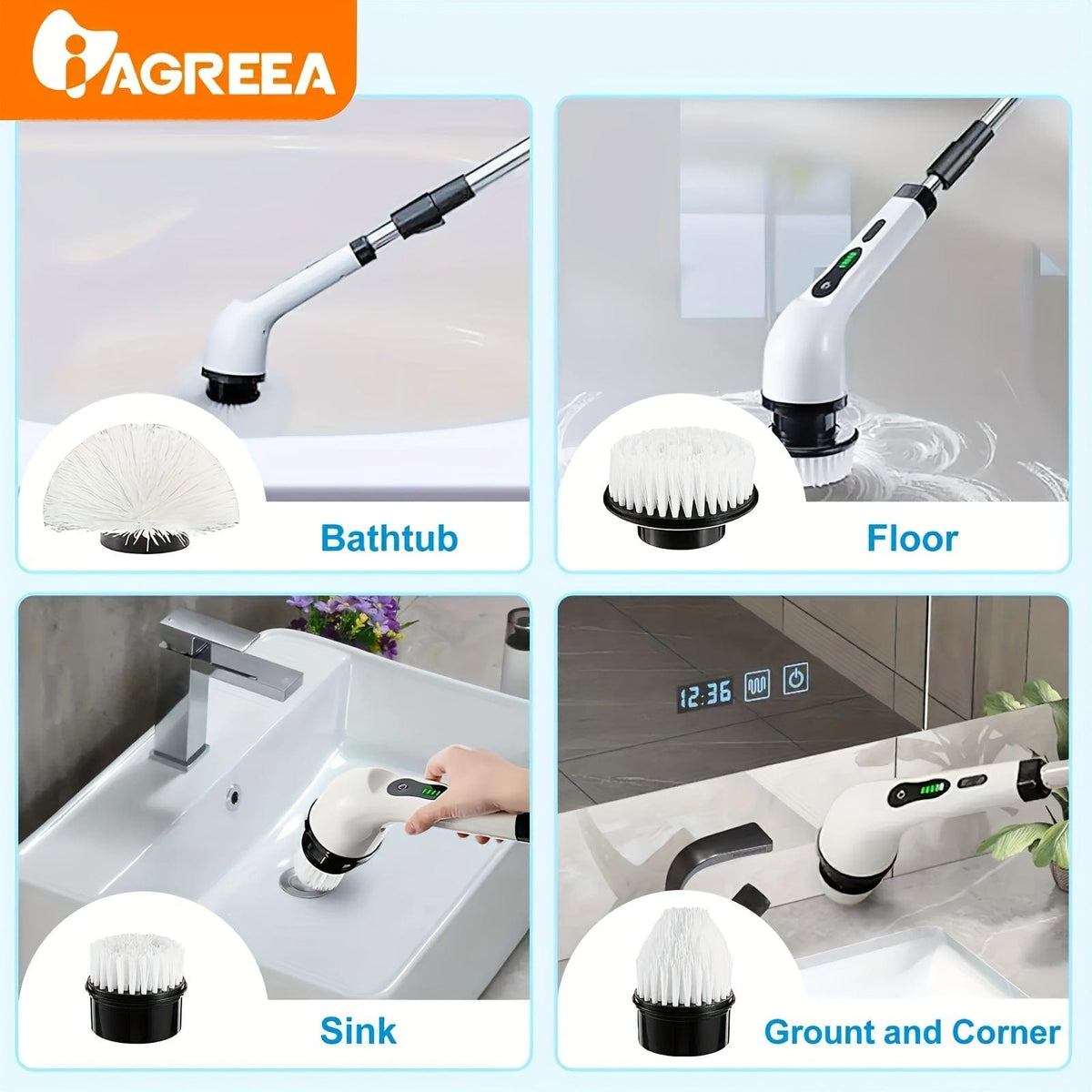Brosse de Nettoyage Électrique Sans Fil — 8 Têtes, Manche 132 cm — Cuisine et Salle de bain