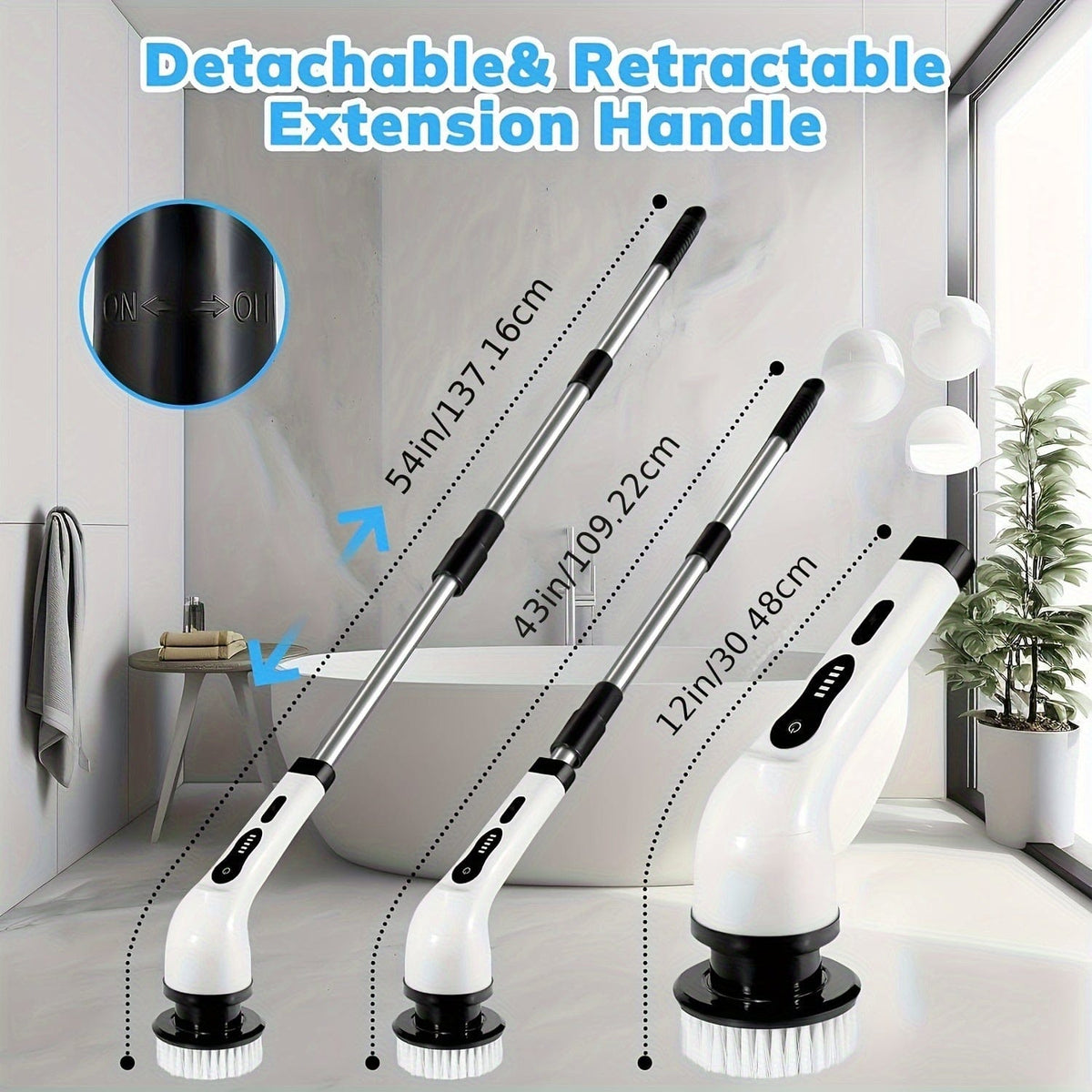 Brosse de Nettoyage Électrique Sans Fil — 8 Têtes, Manche 132 cm — Cuisine et Salle de bain