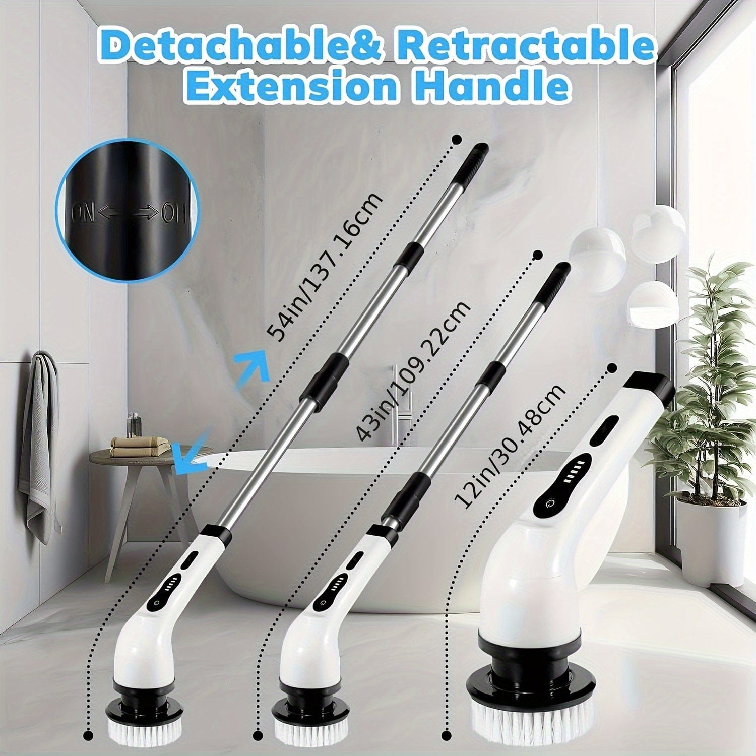 Brosse de Nettoyage Électrique Sans Fil — 8 Têtes, Manche 132 cm — Cuisine et Salle de bain