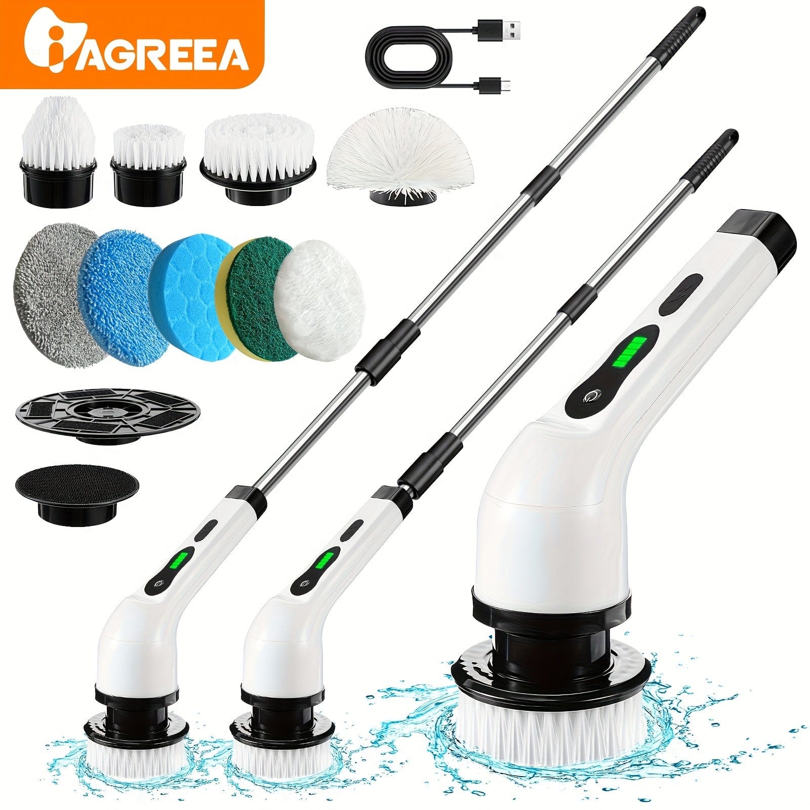 Brosse de Nettoyage Électrique Sans Fil — 8 Têtes, Manche 132 cm — Cuisine et Salle de bain