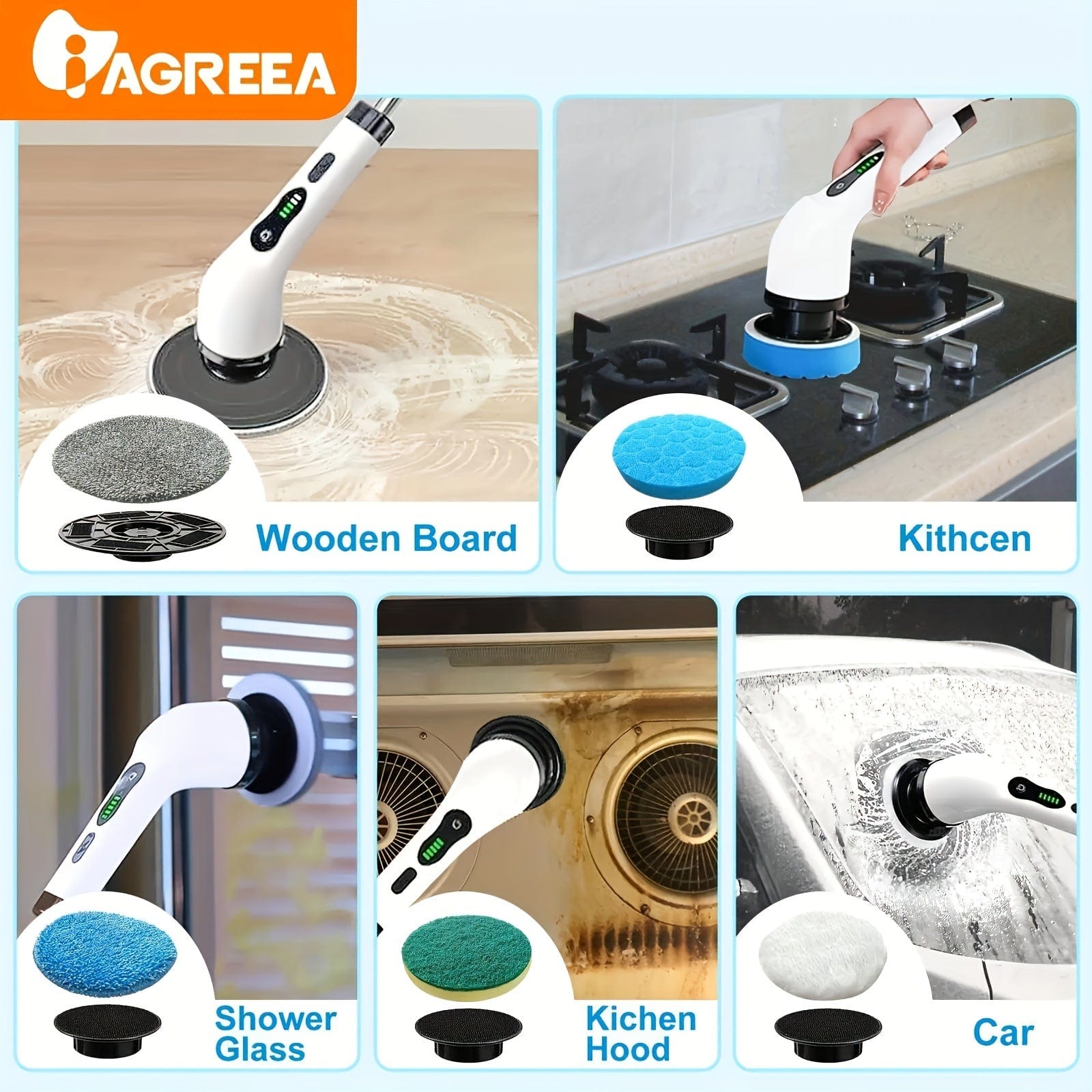 Brosse de Nettoyage Électrique Sans Fil — 8 Têtes, Manche 132 cm — Cuisine et Salle de bain