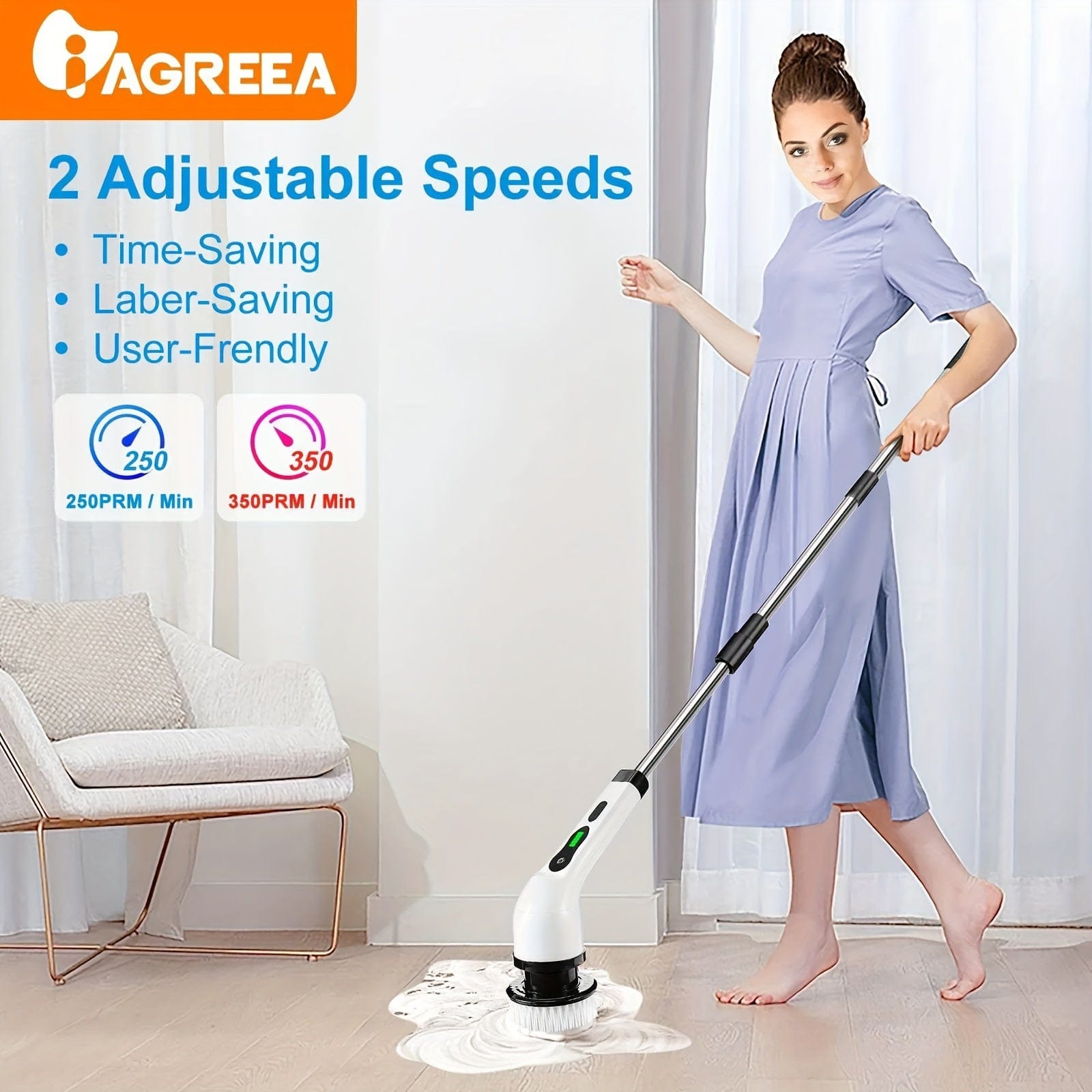 Brosse de Nettoyage Électrique Sans Fil — 8 Têtes, Manche 132 cm — Cuisine et Salle de bain