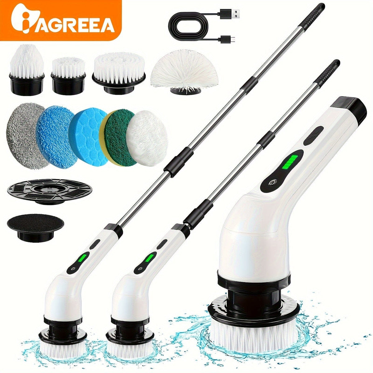 Brosse de Nettoyage Électrique Sans Fil — 8 Têtes, Manche 132 cm — Cuisine et Salle de bain